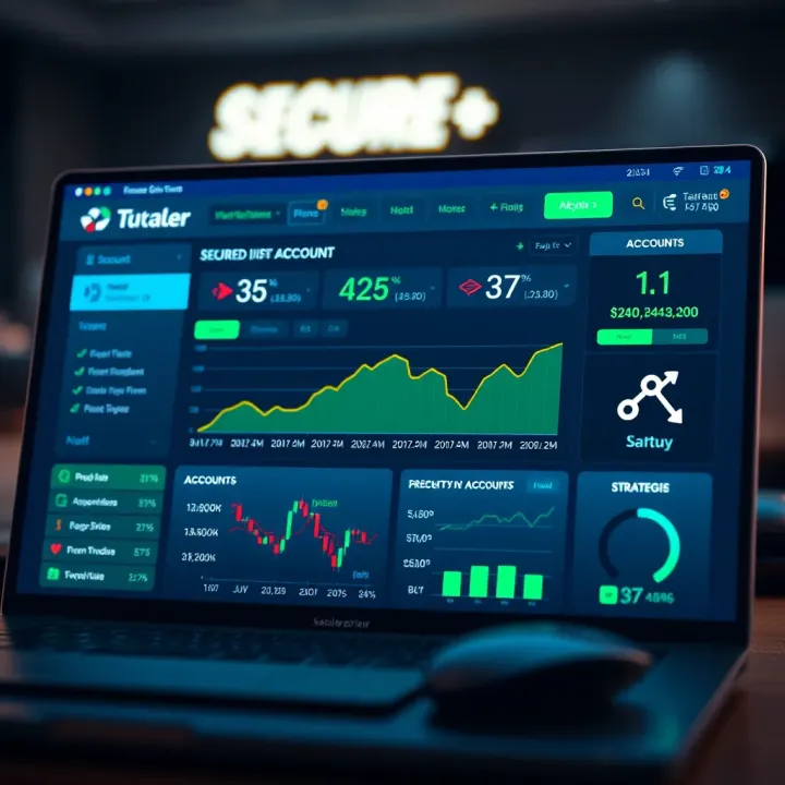 Secure Broker Dashboard with Account Options and Strategies Illustration of a secure online broker dashboard with account types and strategy icons