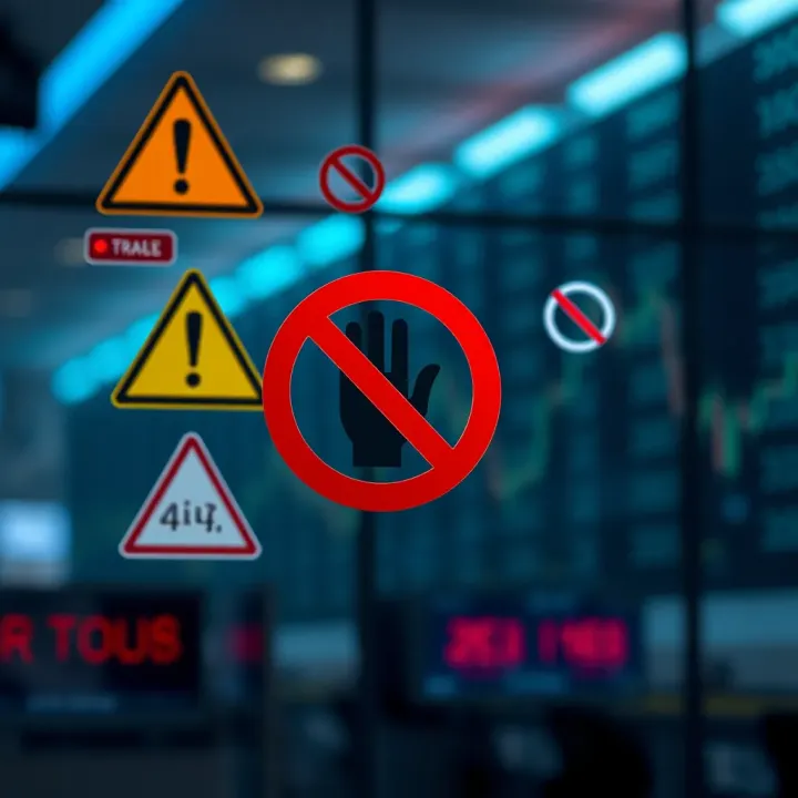 Graphic showing regulatory symbols and warning signs highlighting risks and prohibitions in binary options