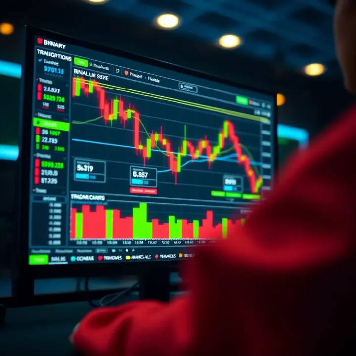 Binary options trading simulator interface showing charts and trading options