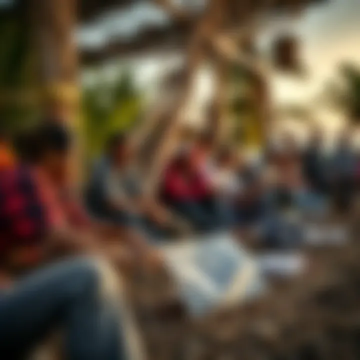 Community members participating in disaster preparedness training outdoors