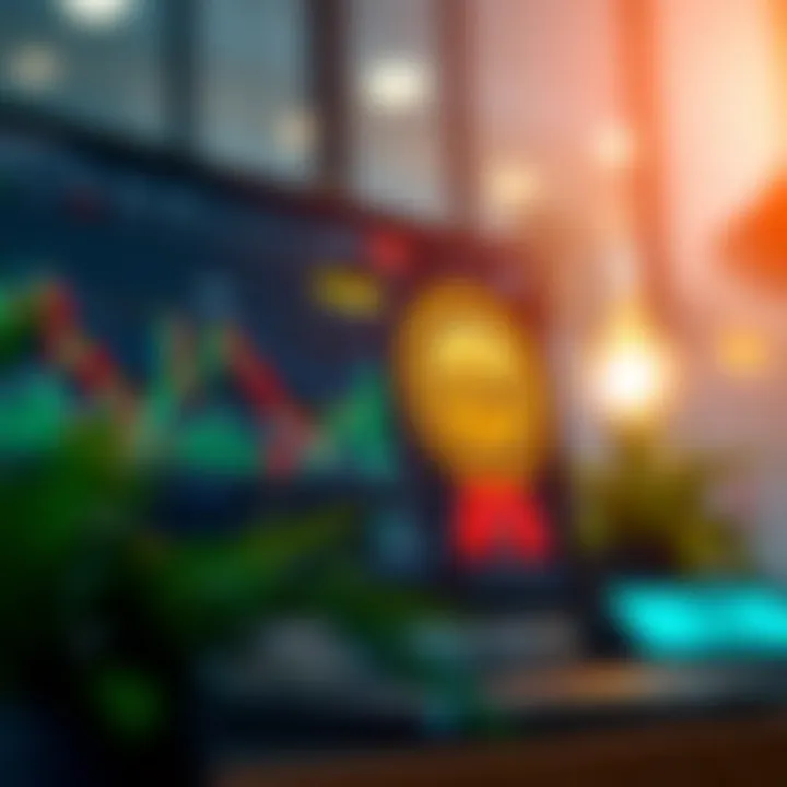 Illustration of a digital trading course interface showing charts and certification badge