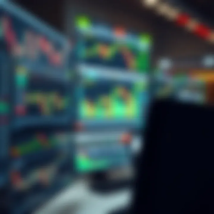 Digital interface displaying various financial charts and trading options on computer screens