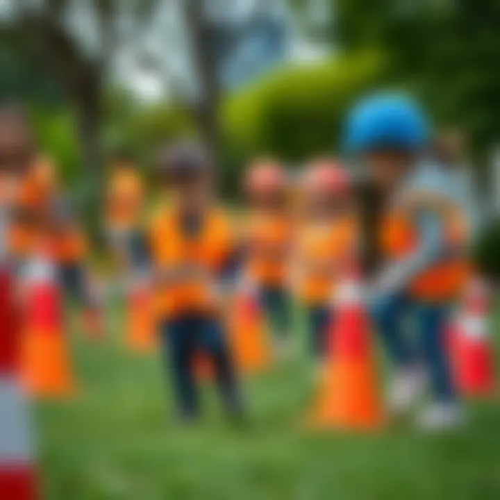 Children engaging in an interactive outdoor risk management game with colorful cones and safety gear
