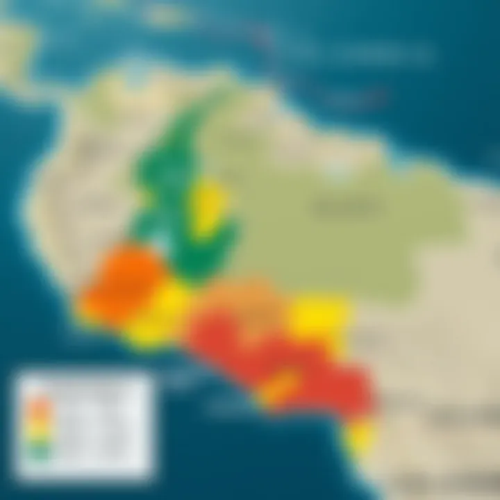 Map of Colombia highlighting regions vulnerable to natural and social risks with indicators of risk management efforts