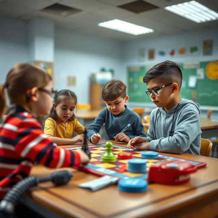 Educational Board Game Enhancing Children's Understanding of Safety and Risk Prevention Classroom setting with kids participating in a safety-focused board game promoting accident prevention skills