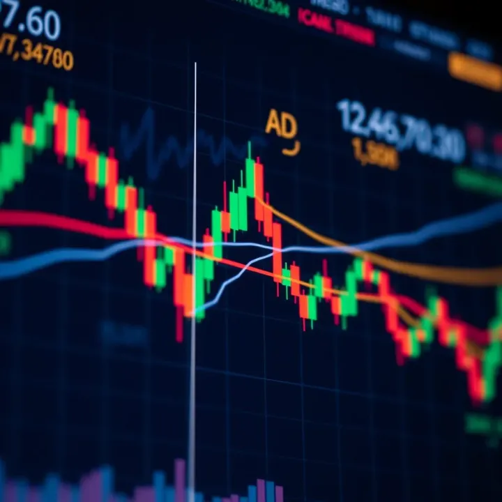 Chart displaying candlestick patterns and trend lines representing technical analysis in financial markets