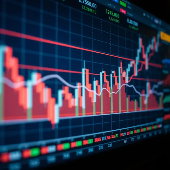 Graph showing financial market trends with technical indicators like moving averages and volume bars