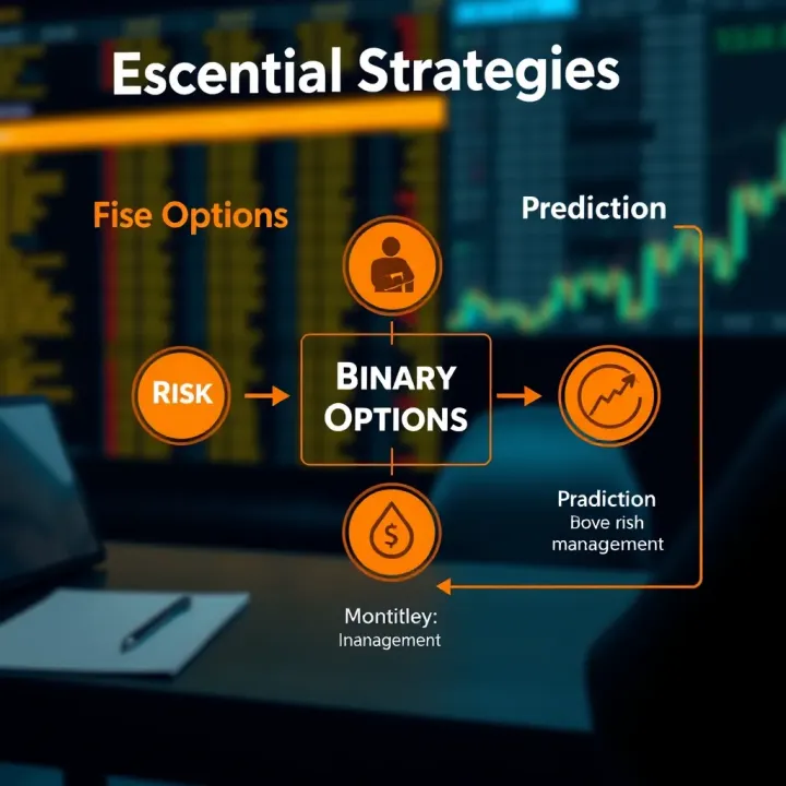 Essential Strategies for Successful Binary Options Trading Diagram illustrating key binary options strategies with icons representing risk management and prediction