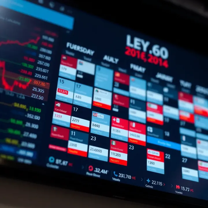 Economic calendar displaying various financial events and market indicators on a digital screen