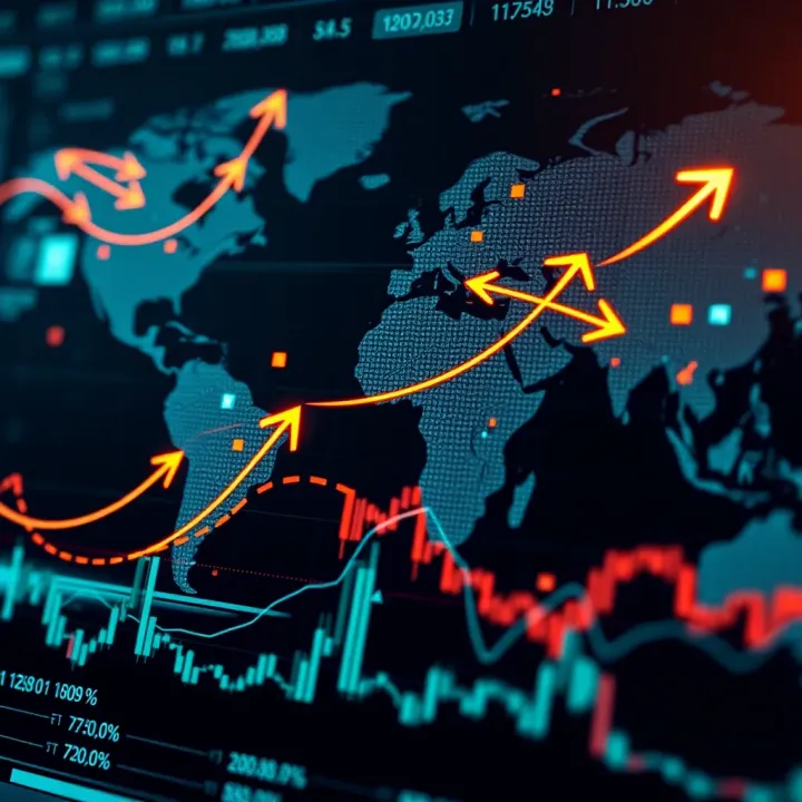 Global currencies exchange visualization with arrows showing movement between different currencies