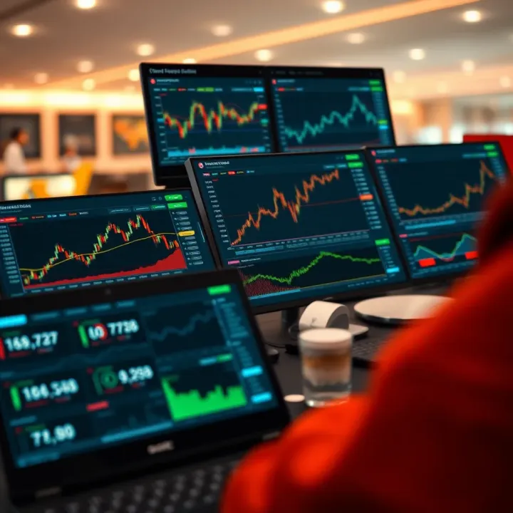 Illustration showing various online trading platform interfaces with charts and tools