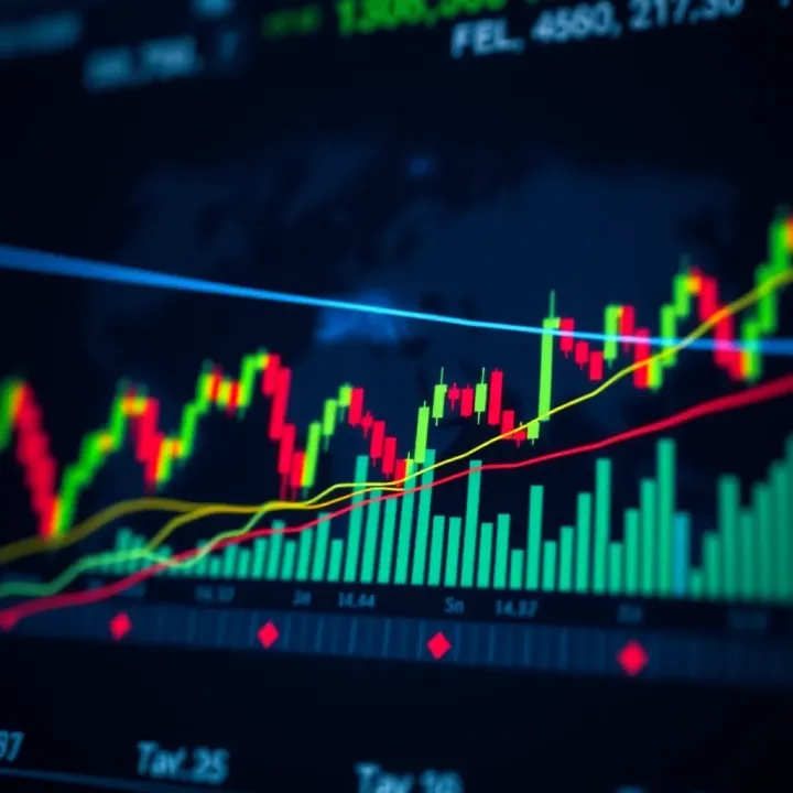 Illustration of stock market charts with technical indicators such as moving averages and volume bars