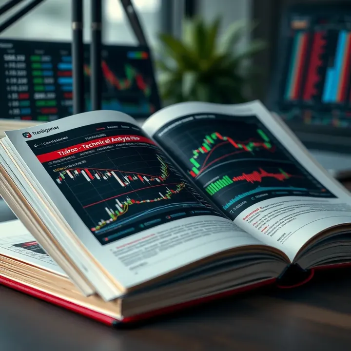 Open book displaying trading charts and technical analysis indicators