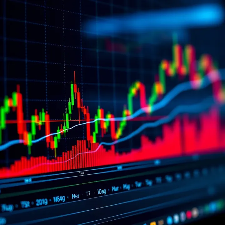 Technical analysis chart showing candlestick patterns and trend lines for trading