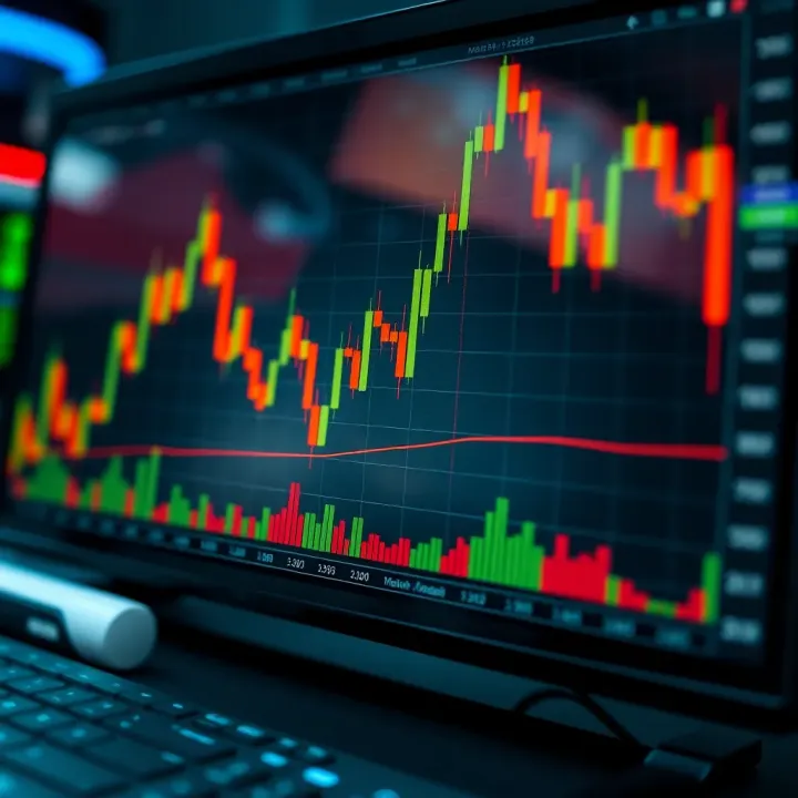 Illustration of a trading chart with rising candlesticks and financial indicators