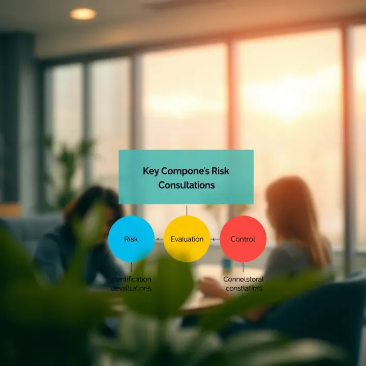 Diagram illustrating key components of risk management in professional consultations, including identification, evaluation, and control measures