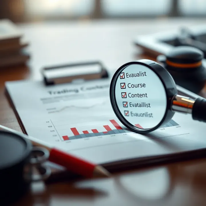 Assessing Quality of Trading Course Content Checklist and magnifying glass highlighting evaluation of course content quality