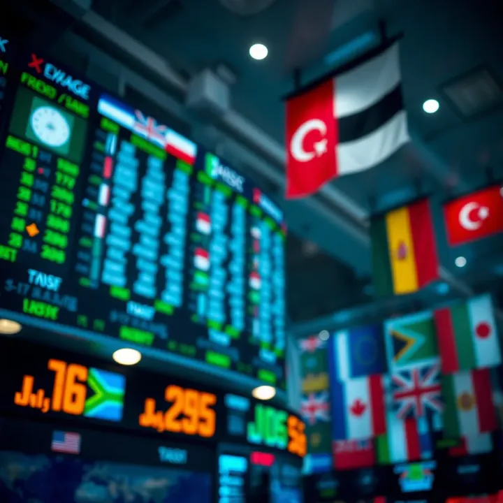 Global currency exchange with various flags representing different countries