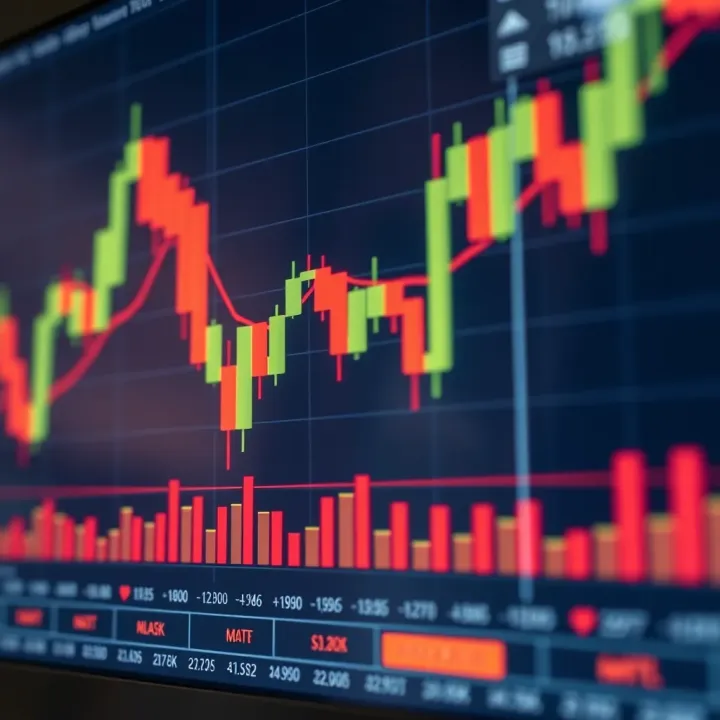Graph showing financial market trends with candlestick charts and moving averages