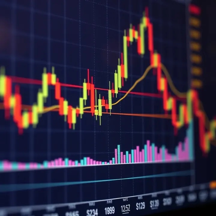 Technical chart showing candlestick patterns and trend lines in financial market analysis