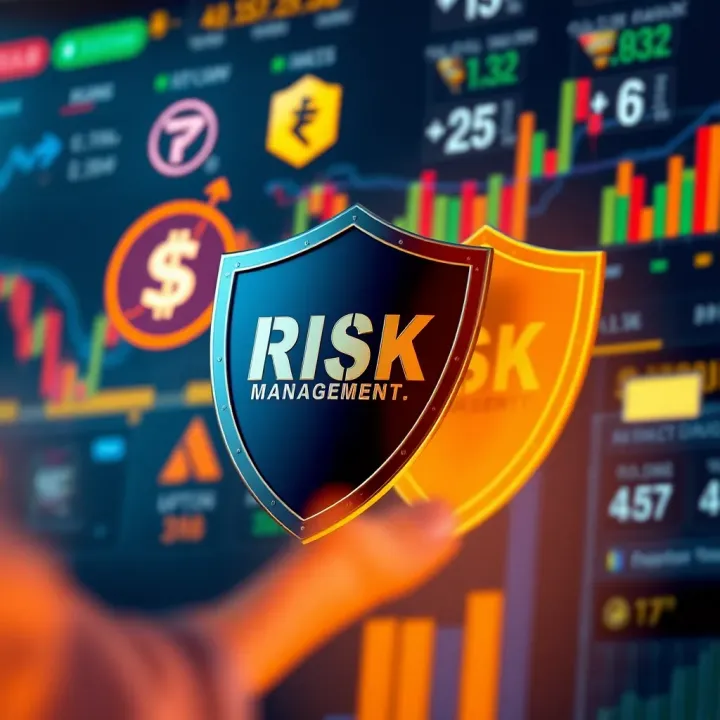 Conceptual illustration of risk management with shields and financial symbols
