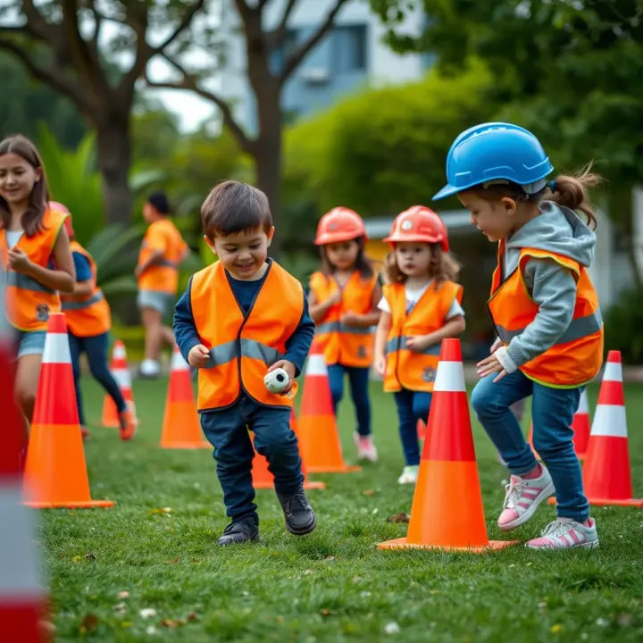 Children engaging in an interactive outdoor risk management game with colorful cones and safety gear