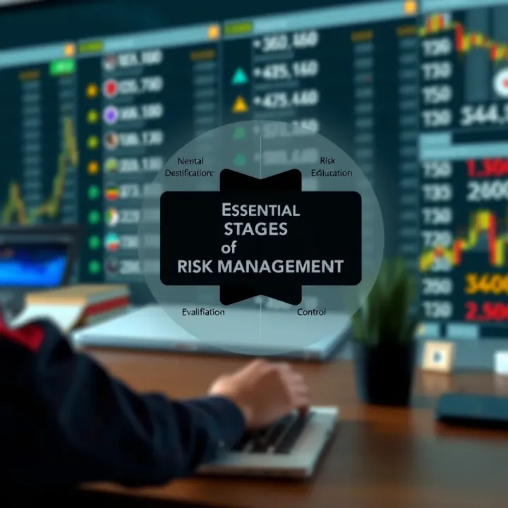 Diagram illustrating key stages of risk management including identification, evaluation, and control within an organization