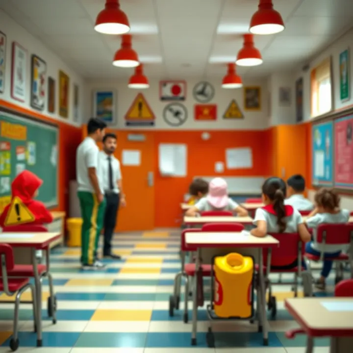 Colorful school scene illustrating potential hazards and safety measures