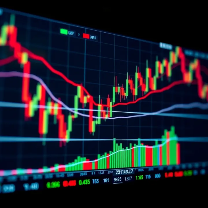 Chart showing technical indicators used in swing trading with candlestick patterns and moving averages