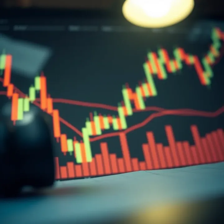 Chart displaying candlestick patterns with volume bars to analyze financial market trends