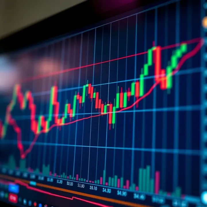 Graph illustrating financial market trends with candlestick patterns and moving averages