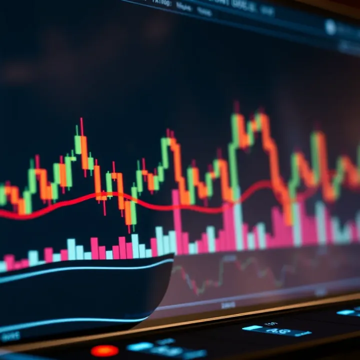 Graph displaying technical analysis with candlestick patterns and trend lines