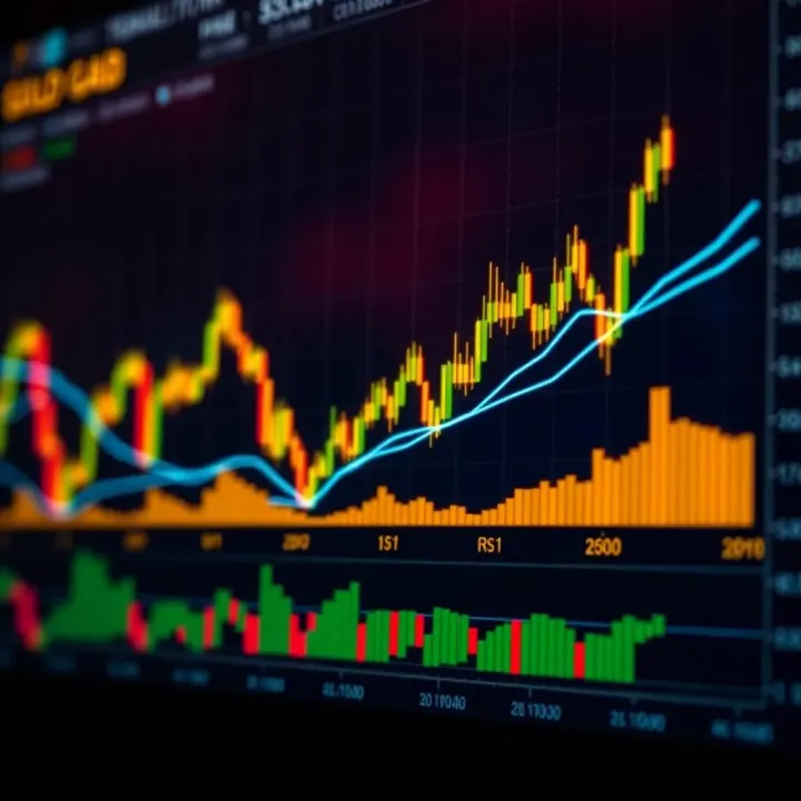 Chart showing gold price movement with key technical indicators like moving averages and RSI