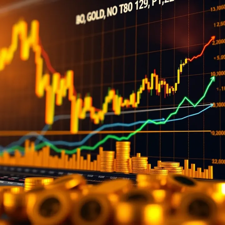 Graph showing gold price trends with technical indicators such as moving averages and RSI
