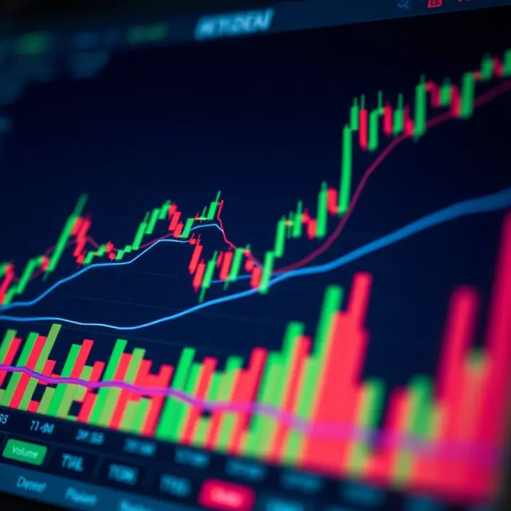 Financial chart showing various technical analysis indicators with price trends and volume bars