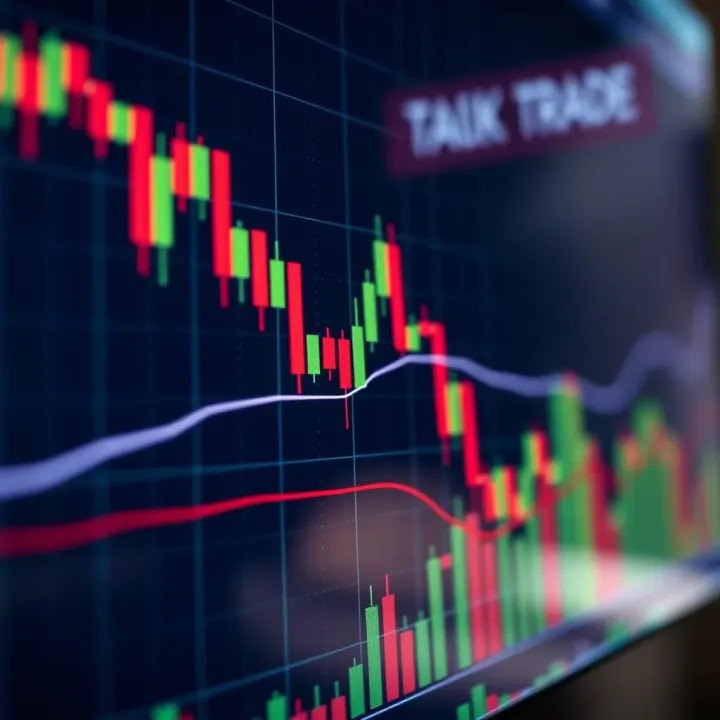 Candlestick chart showing price fluctuations and trend lines representing market analysis