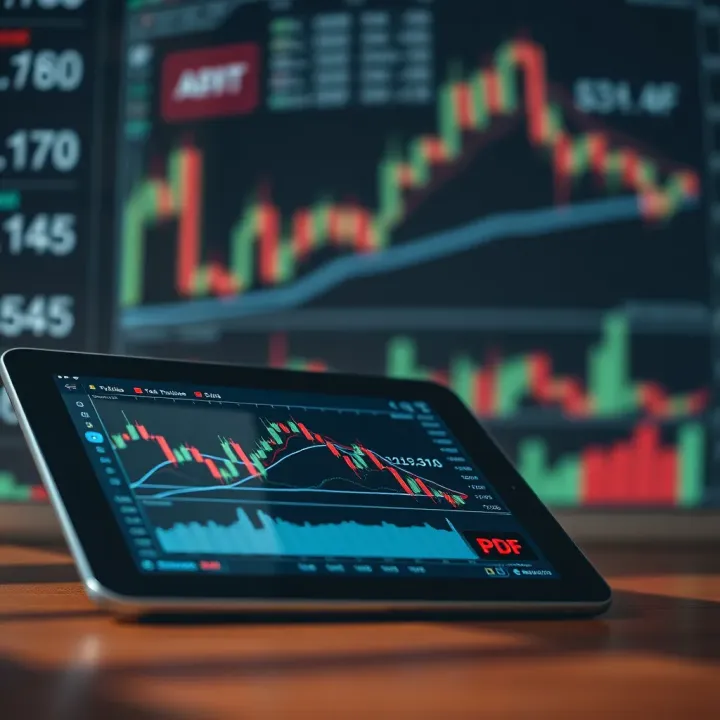 Digital tablet showing candlestick chart and trend lines for market analysis