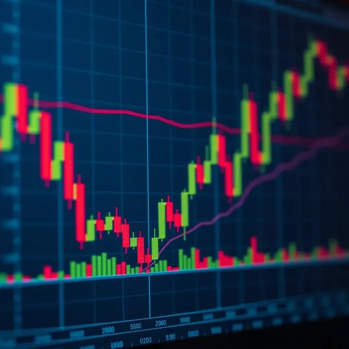 Graph showing candlestick patterns and trading volume to predict market trends