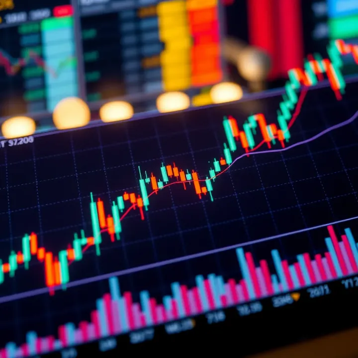 Graph showing candlestick charts and trend lines for financial market analysis