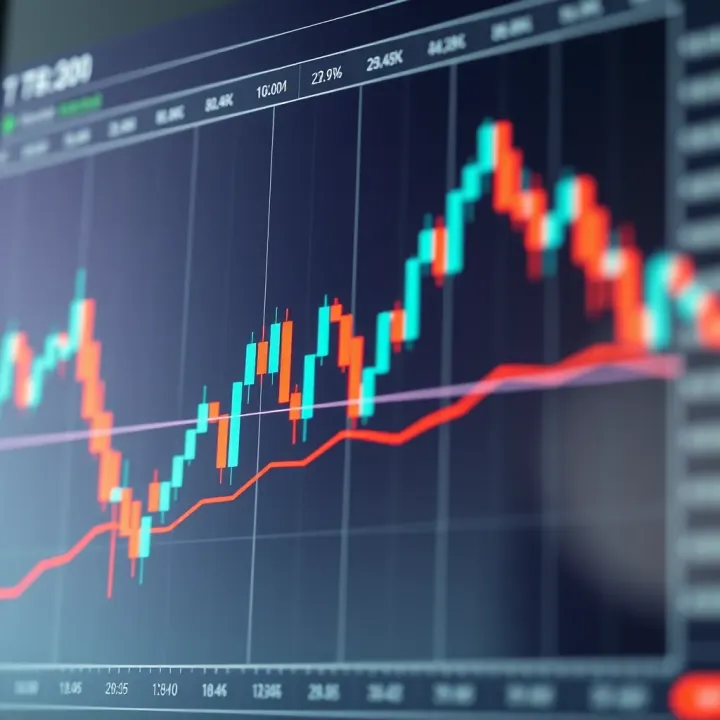 Chart displaying candlestick patterns and trend lines on a financial market graph