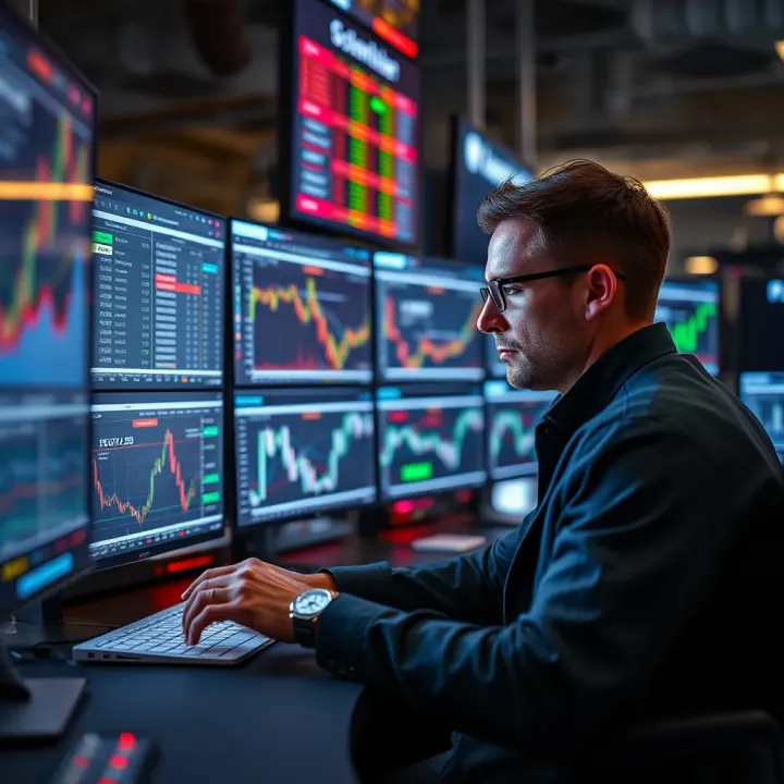 Trader analyzing macroeconomic data and currency trends on multiple screens