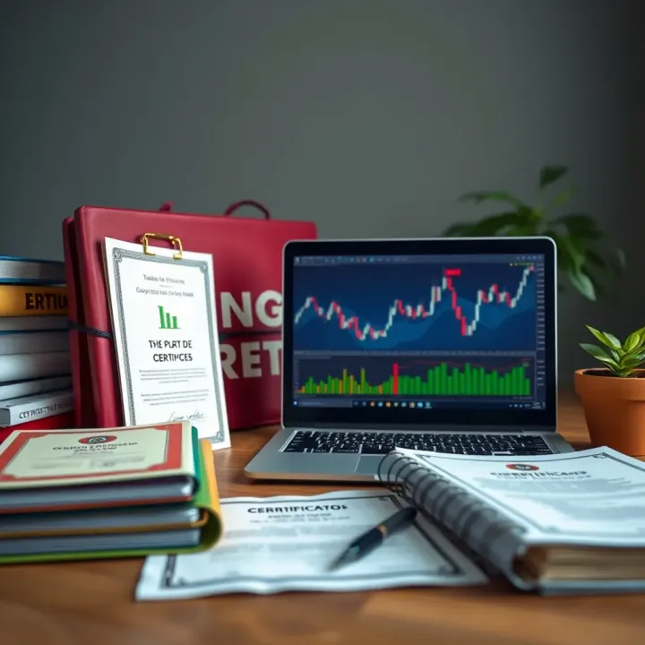 Educational Resources and Certification for Trading Courses Collection of educational materials including a laptop with trading software and certification documents
