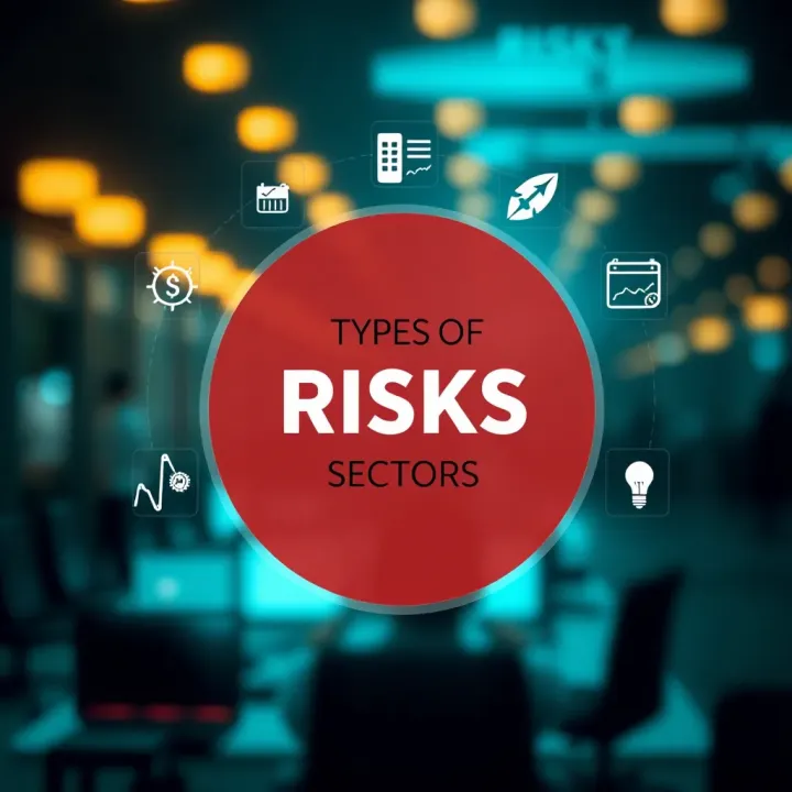 Types of Risks Across Sectors Visual representation of various types of risks impacting different sectors with icons for financial, operational, and strategic risks